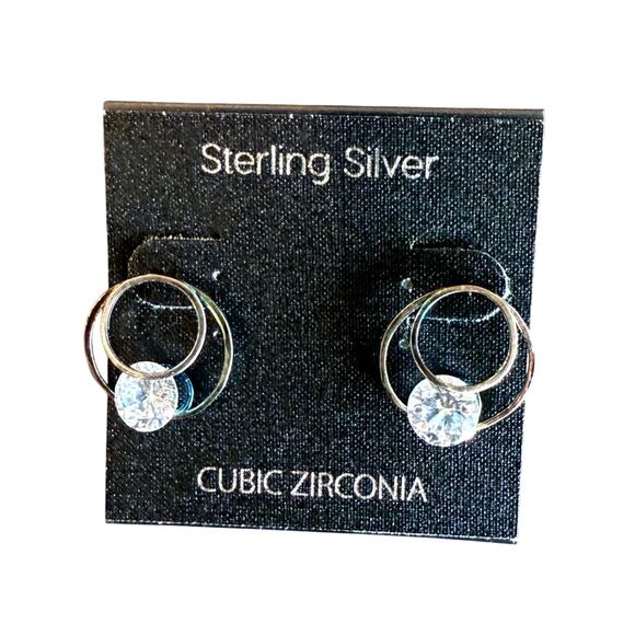 Sterling Silver Round Earrings Cubic Zirconia Low Profile Small New - Picture 1 of 3
